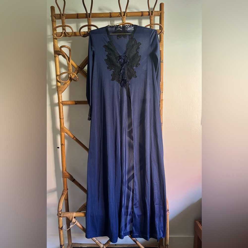 Vintage Blue Nylon & Black Lace Robe Duster